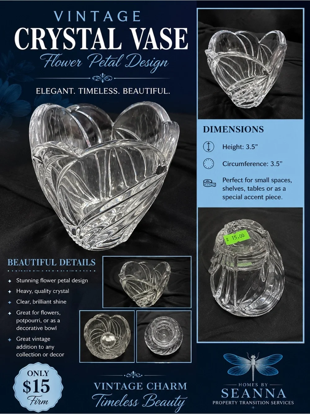 Clear Crystal Flower Petal Vase by